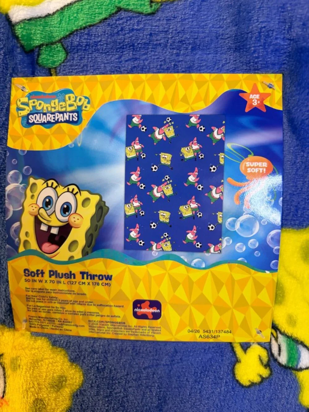 SpongeBob SquarePants Plush Throw Blanket Patrick Soccer 50x70 NWT